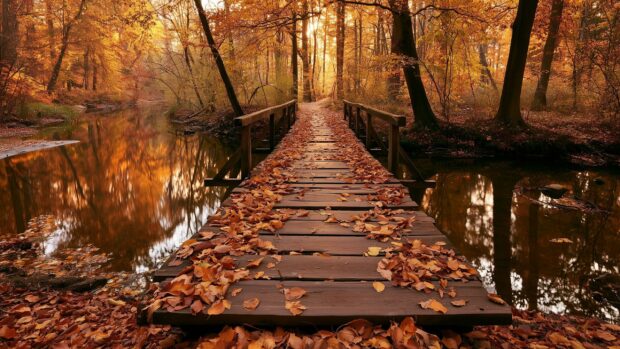 Autumn Wallpaper showcasing a wooden bridge covered in fallen leaves, crossing a tranquil river in a golden autumn forest