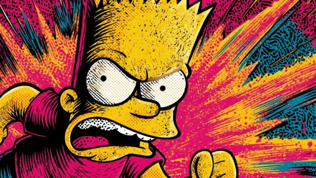 An intense Bart Simpson wallpaper in comic book pop art style, showing him angry with a vibrant pink and yellow burst background