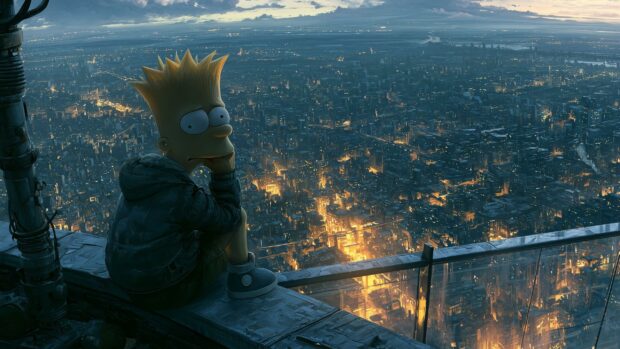 A contemplative Bart Simpson wallpaper showing him sitting on a skyscraper edge overlooking a futuristic city at night