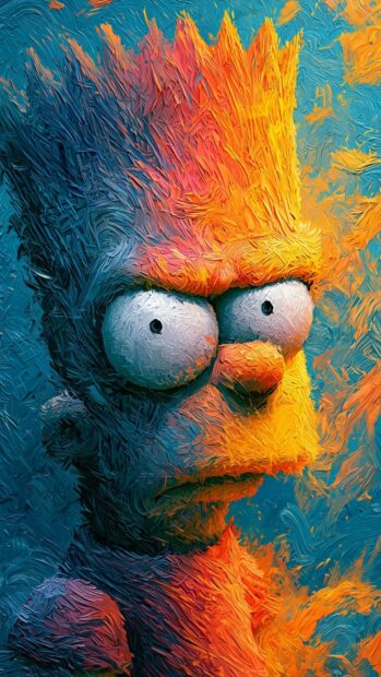 An artistic Bart Simpson wallpaper featuring a close-up portrait of Bart's face with a heavy brush stroke texture in blue and orange tones