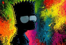 A vibrant Bart Simpson wallpaper featuring the character in a black silhouette against a background of colorful paint splatters