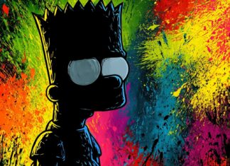 A vibrant Bart Simpson wallpaper featuring the character in a black silhouette against a background of colorful paint splatters