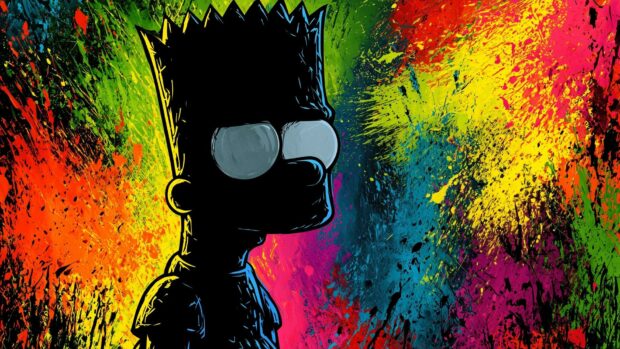 A vibrant Bart Simpson wallpaper featuring the character in a black silhouette against a background of colorful paint splatters