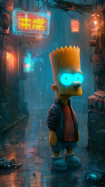 A dark cyberpunk Bart Simpson wallpaper featuring him standing in a rainy alley with glowing blue eyes and neon signs