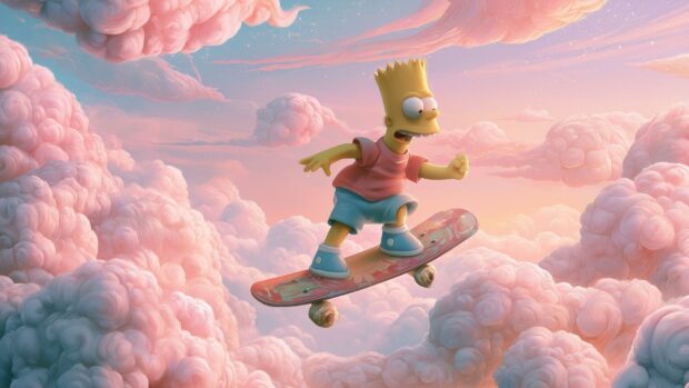 A vibrant Bart Simpson wallpaper showing Bart on a skateboard soaring through fluffy pink clouds under a clear blue sky