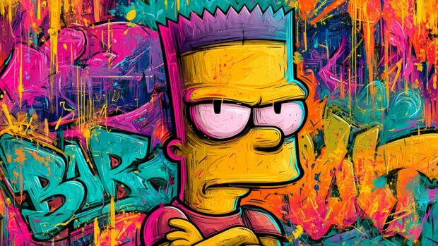A cool Bart Simpson wallpaper featuring him with a relaxed expression against a vibrant, colorful graffiti art background