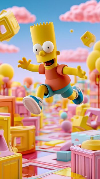 A vibrant Bart Simpson wallpaper showing him happily jumping amidst colorful block structures under a bright sky