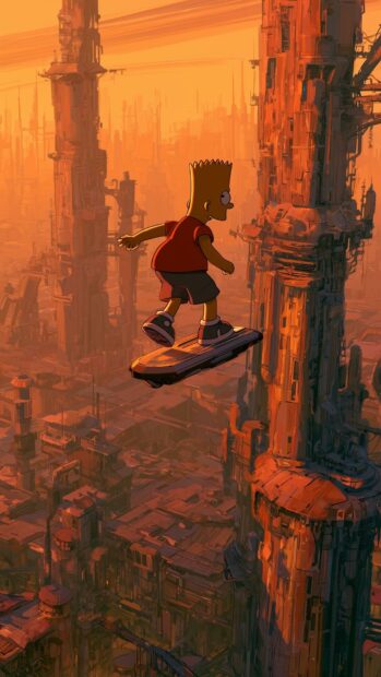 An epic Bart Simpson wallpaper featuring him on a hoverboard, flying high above a sprawling, futuristic city bathed in orange light