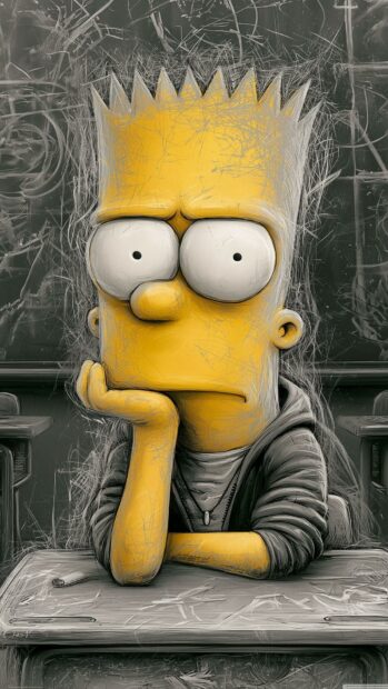 A stylized Bart Simpson Wallpaper depicting Bart looking moody, resting his chin on his hand in a classroom setting with a sketchy, grungy art style
