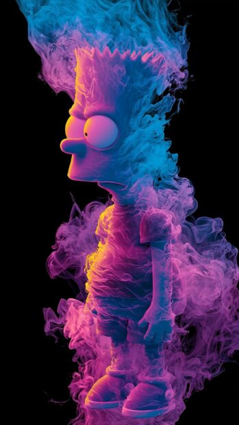 An abstract Bart Simpson wallpaper featuring Bart depicted with vibrant blue and pink neon smoke effects on a dark black background