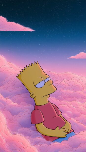 A dreamy Bart Simpson wallpaper showing Bart with sunglasses relaxing on soft pink clouds under a starry night sky