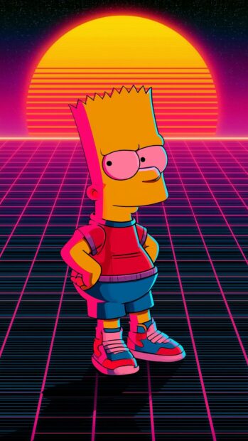 A retro-futuristic Bart Simpson Wallpaper featuring Bart standing on a neon grid with a large orange sunset and synthwave aesthetic background
