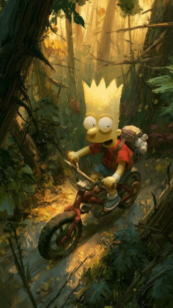 A stylistic Bart Simpson wallpaper showing him riding a bicycle through a sunlit, overgrown forest trail