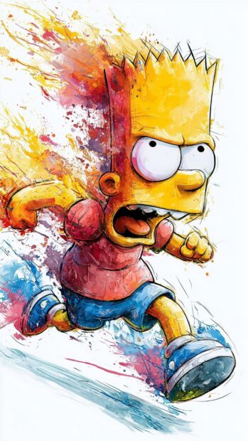 A vibrant Bart Simpson wallpaper featuring him running with dynamic watercolor splash effects