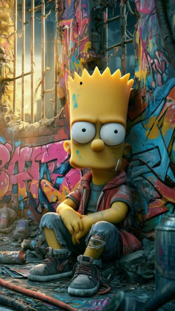 A gritty Bart Simpson wallpaper depicting him sitting against a vibrant, graffiti-covered wall in an urban setting