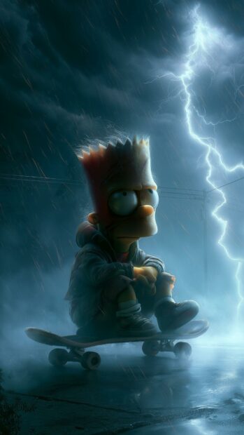 A moody Bart Simpson wallpaper featuring him sitting on a skateboard in the rain with lightning in the background