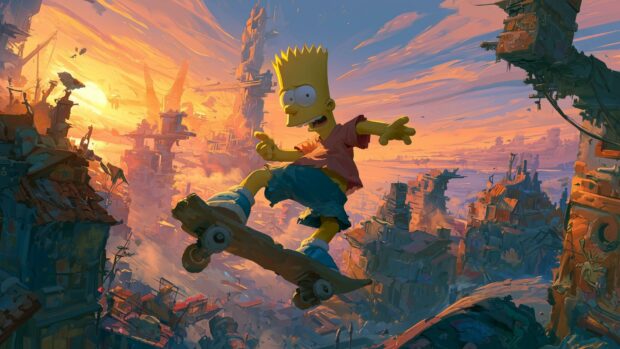 An artistic Bart Simpson wallpaper depicting him skateboarding over a futuristic city at sunset with vibrant orange and blue skies