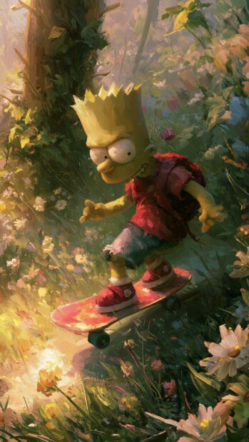 An artistic Bart Simpson wallpaper depicting him skateboarding through a vibrant, painterly forest filled with colorful flowers
