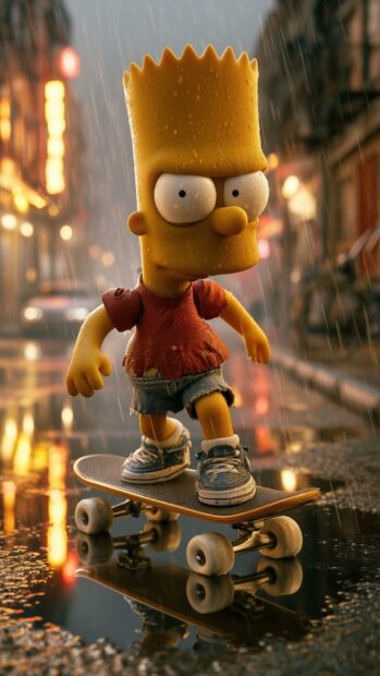 A cool Bart Simpson wallpaper featuring Bart skateboarding in the rain on a city street at night, with blurred lights in the background