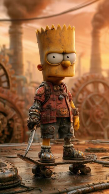 A detailed Bart Simpson wallpaper featuring him in steampunk attire, holding a knife on a skateboard within an industrial setting