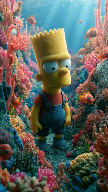 A unique Bart Simpson wallpaper showing him standing amongst a vibrant coral reef with colorful fish swimming around