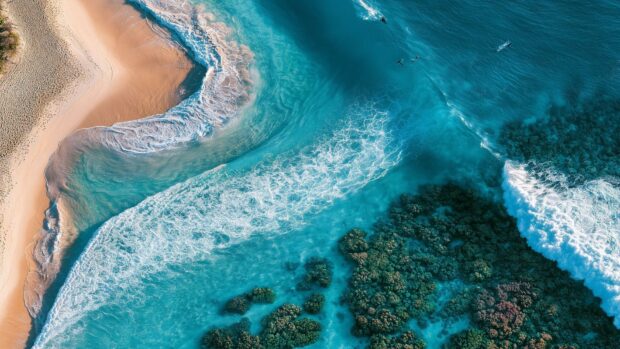An aerial view beach wallpaper showcasing vibrant turquoise waters, white sandy beach, and underwater coral reefs