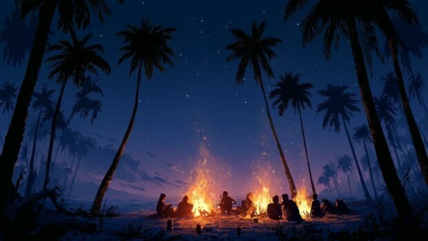 A captivating beach wallpaper showing people gathered around a bonfire under a starry night sky with silhouetted palm trees