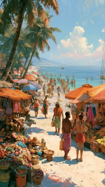 A vibrant beach wallpaper showcasing a busy tropical market scene with people, stalls, and palm trees under a bright blue sky