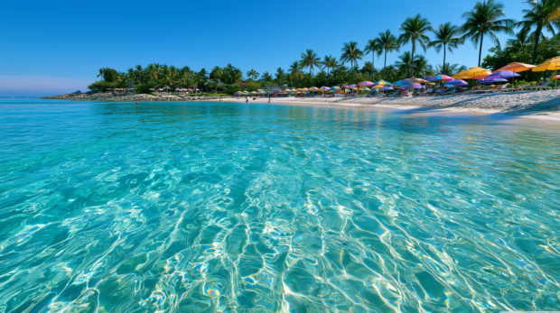 A beautiful Beach Wallpaper featuring crystal clear blue water in the foreground and a vibrant tropical resort beach with colorful umbrellas and palm trees in the background