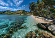 A stunning tropical Beach Wallpaper featuring clear turquoise water with visible coral reefs, a sandy beach, and palm trees under a blue sky