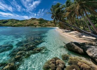 A stunning tropical Beach Wallpaper featuring clear turquoise water with visible coral reefs, a sandy beach, and palm trees under a blue sky