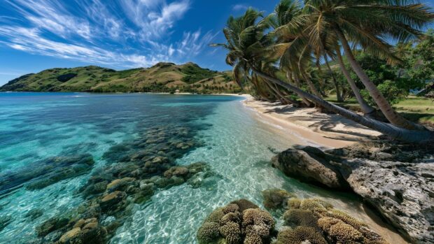 A stunning tropical Beach Wallpaper featuring clear turquoise water with visible coral reefs, a sandy beach, and palm trees under a blue sky