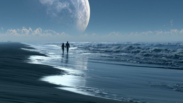 A serene beach wallpaper showing a couple walking on a vast sandy shore under a giant moon in a cool blue monochromatic tone