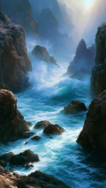 A dramatic Beach Wallpaper depicting powerful ocean waves crashing between rugged rocky cliffs with a misty atmosphere