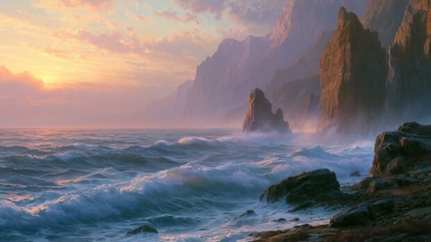A dramatic beach wallpaper featuring large waves crashing against rocky cliffs during a hazy sunset