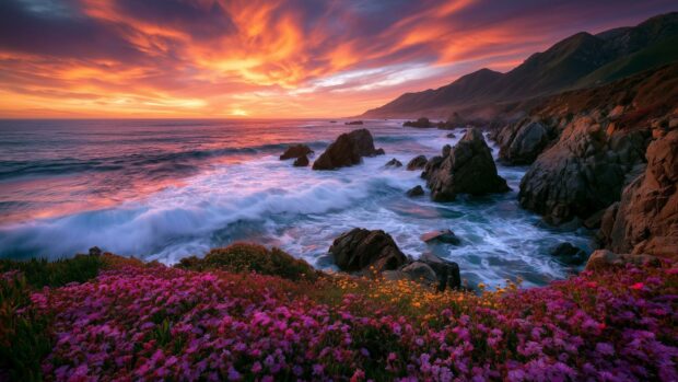 A breathtaking beach wallpaper showcasing a dramatic sunset over a rocky coastline with vibrant pink flowers in the foreground and crashing ocean waves
