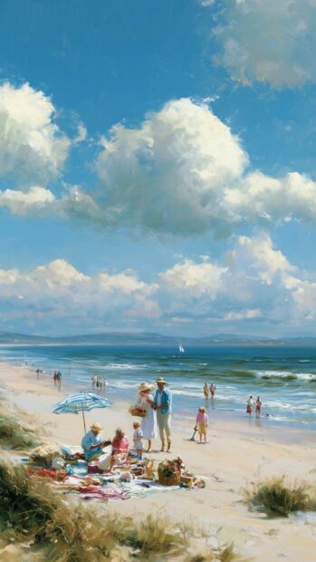 An artistic beach wallpaper depicting an impressionistic painting of a family having a picnic on a sunny beach with people in the ocean