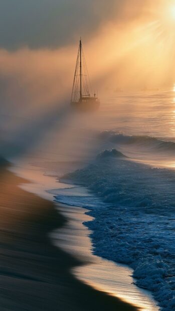 Beach wallpaper featuring a solitary sailboat in the misty morning fog at sunrise on the shore