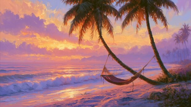 A beautiful beach wallpaper in a painterly style, featuring palm trees with a hammock over the sand during a vibrant sunset
