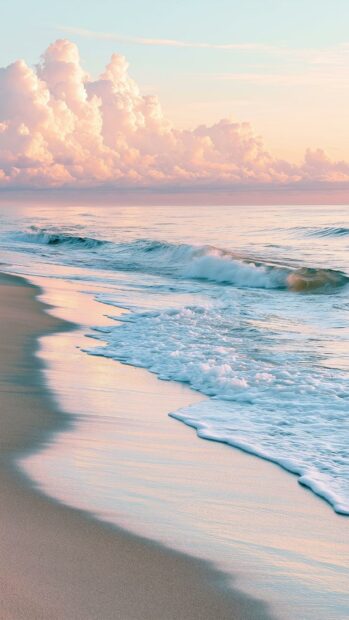 A serene pastel beach wallpaper featuring soft pink clouds, calm ocean waves gently washing ashore, and a peaceful sandy beach