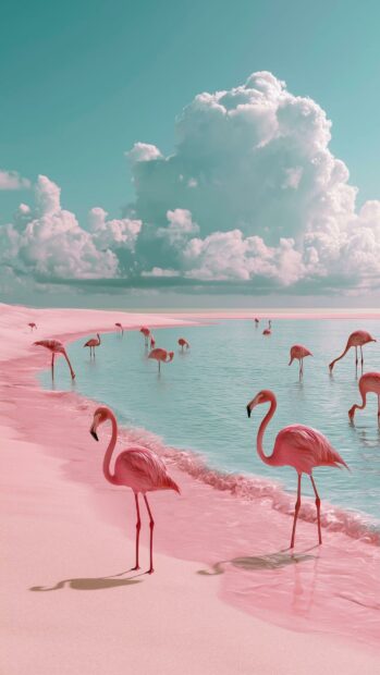 A whimsical Beach Wallpaper featuring pink flamingos wading in shallow turquoise water on a pink sandy beach under a teal sky with fluffy clouds