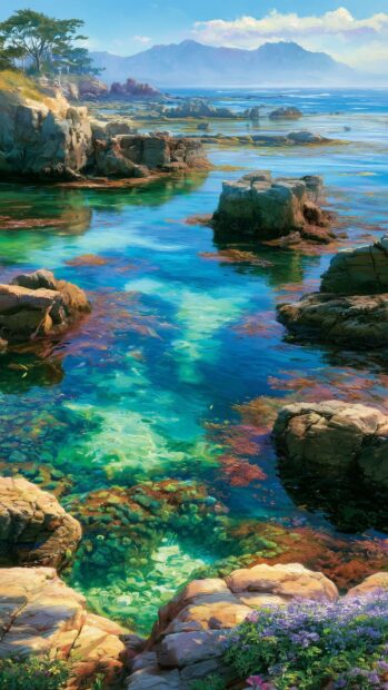 A vibrant Beach Wallpaper featuring a rocky coastline with crystal clear water revealing colorful underwater coral and flora, rendered in an artistic style