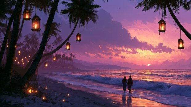 A romantic beach wallpaper featuring a couple walking on the sand under palm trees with glowing lanterns at sunset