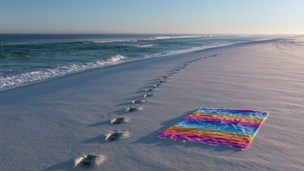 A serene beach wallpaper featuring a sandy shore with footprints leading towards the ocean and a colorful striped beach towel