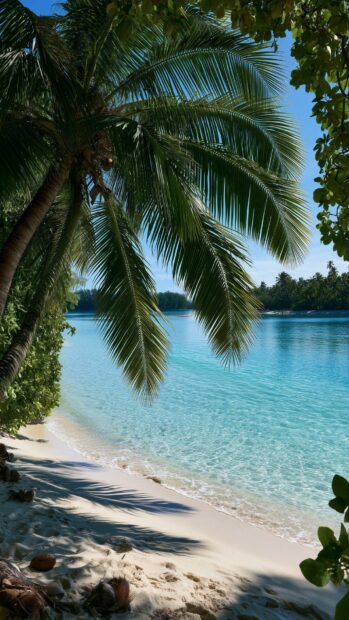 A serene Beach Wallpaper depicting a secluded sandy shore with clear calm water, shaded by lush palm trees under a bright blue sky