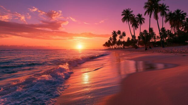 A breathtaking Beach Wallpaper capturing a vibrant sunset over a tropical beach with silhouetted palm trees and gentle ocean waves