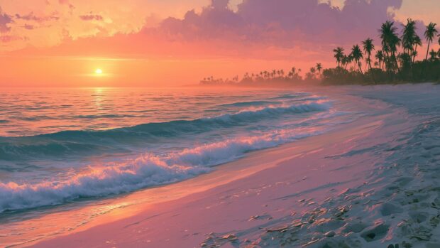 A beautiful beach wallpaper featuring a serene sunset over the ocean with palm trees silhouetted on the horizon
