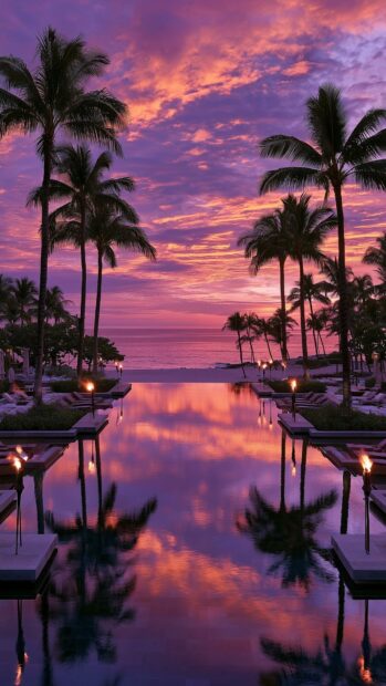 A vibrant Beach Wallpaper showcasing a stunning sunset with purple and orange hues reflecting in a resort pool, framed by silhouetted palm trees