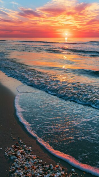 Beach wallpaper depicting a vibrant sunset over gentle ocean waves breaking on a sandy shore with scattered seashells