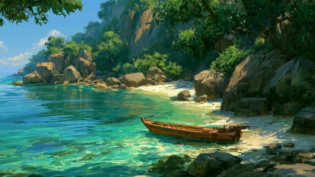 A vibrant tropical beach wallpaper showing clear turquoise water, a small wooden boat, and lush green cliffs under a blue sky